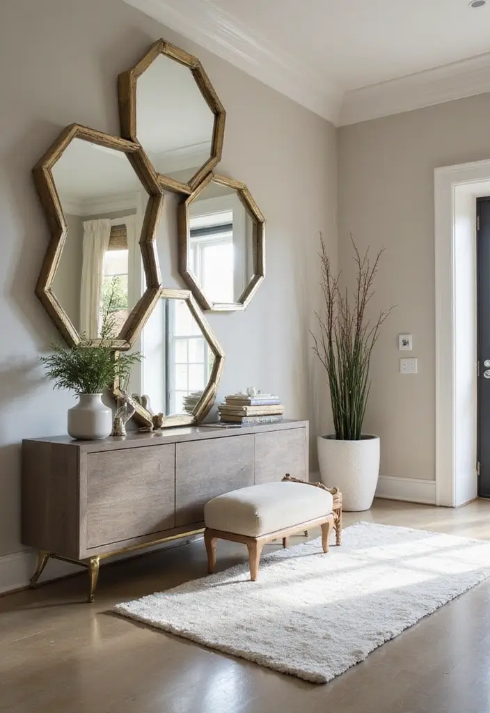 30+ Entryway Wall Decor with Mirror Ideas That Make a Stunning First Impression 25 30+ Entryway Wall Decor with Mirror Ideas That Make a Stunning First Impression - 25. Hexagon Mirrors with Metallic Accents