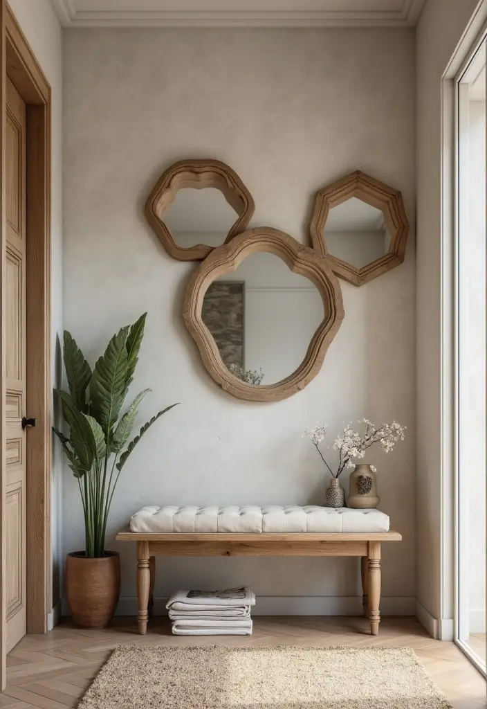 30+ Entryway Wall Decor with Mirror Ideas That Make a Stunning First Impression 26 30+ Entryway Wall Decor with Mirror Ideas That Make a Stunning First Impression - 26. Hexagon Mirrors with Textured Walls