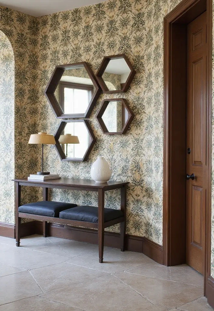 30+ Entryway Wall Decor with Mirror Ideas That Make a Stunning First Impression 27 30+ Entryway Wall Decor with Mirror Ideas That Make a Stunning First Impression - 27. Hexagon Mirrors with Bold Wallpapers