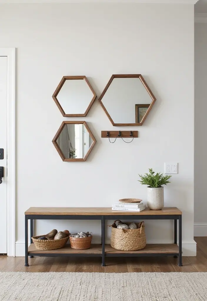 30+ Entryway Wall Decor with Mirror Ideas That Make a Stunning First Impression 28 30+ Entryway Wall Decor with Mirror Ideas That Make a Stunning First Impression - 28. Hexagon Mirrors with Functional Features