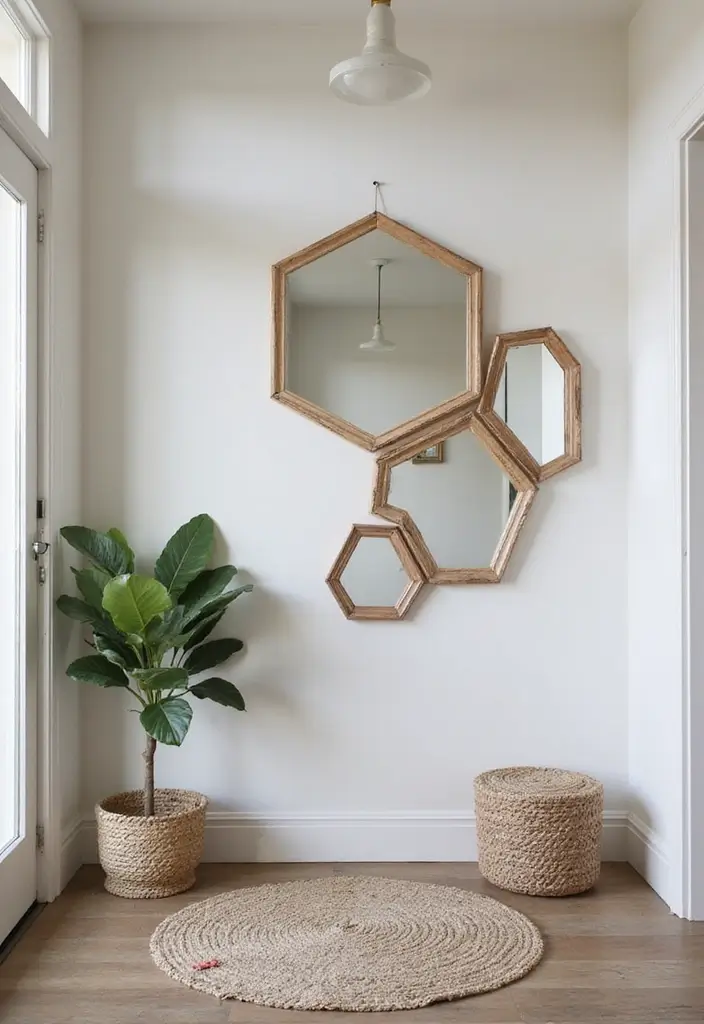30+ Entryway Wall Decor with Mirror Ideas That Make a Stunning First Impression 30 30+ Entryway Wall Decor with Mirror Ideas That Make a Stunning First Impression - 30. Hexagon Mirrors with Artistic Frames