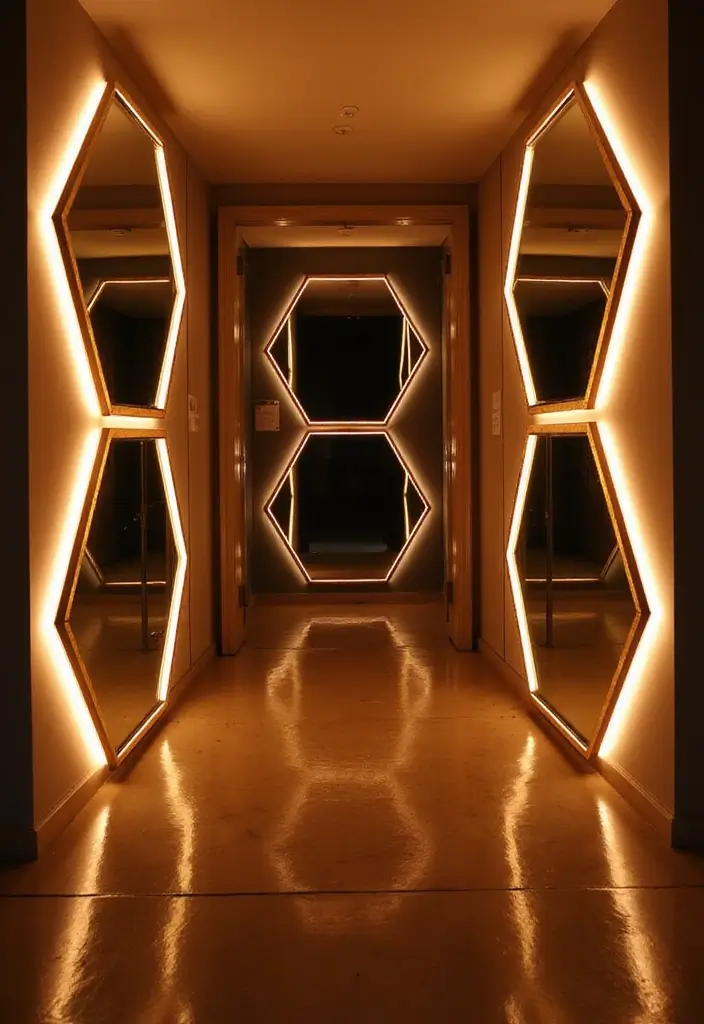 30+ Entryway Wall Decor with Mirror Ideas That Make a Stunning First Impression 4 30+ Entryway Wall Decor with Mirror Ideas That Make a Stunning First Impression - 4. Hexagon Mirrors with Smart Lighting