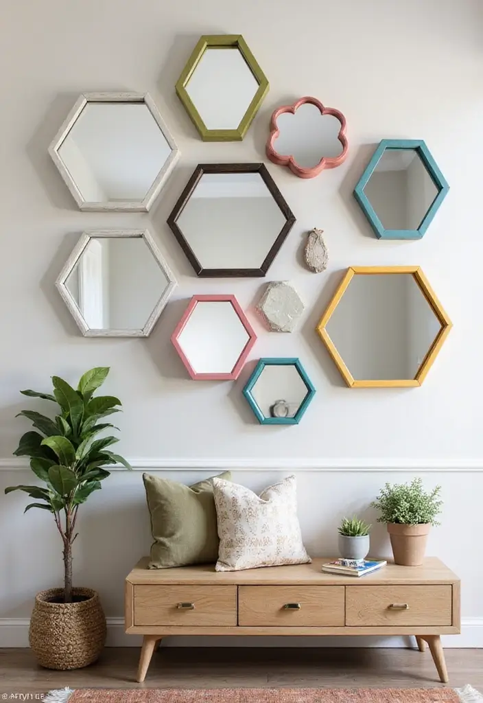 30+ Entryway Wall Decor with Mirror Ideas That Make a Stunning First Impression 5 30+ Entryway Wall Decor with Mirror Ideas That Make a Stunning First Impression - 5. Mirrored Hexagons with Color Accents