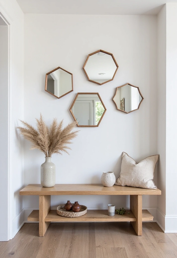 30+ Entryway Wall Decor with Mirror Ideas That Make a Stunning First Impression 6 30+ Entryway Wall Decor with Mirror Ideas That Make a Stunning First Impression - 6. Hexagon Mirrors with Floating Shelves