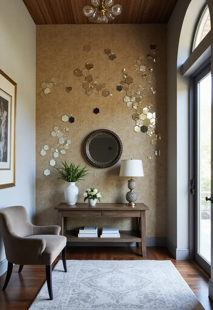 30+ Entryway Wall Decor with Mirror Ideas That Make a Stunning First Impression 7 30+ Entryway Wall Decor with Mirror Ideas That Make a Stunning First Impression - 7. Hexagon Mirror Accent Wall