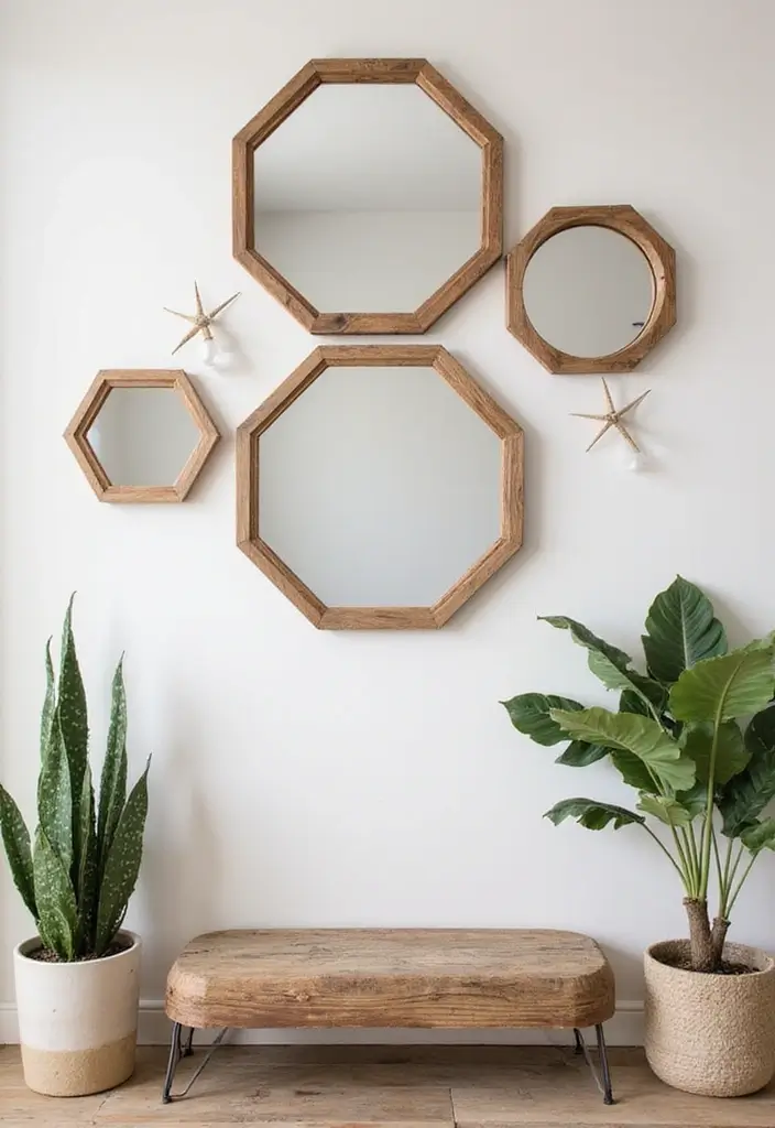 30+ Entryway Wall Decor with Mirror Ideas That Make a Stunning First Impression 8 30+ Entryway Wall Decor with Mirror Ideas That Make a Stunning First Impression - 8. Hexagon Mirrors with Natural Elements