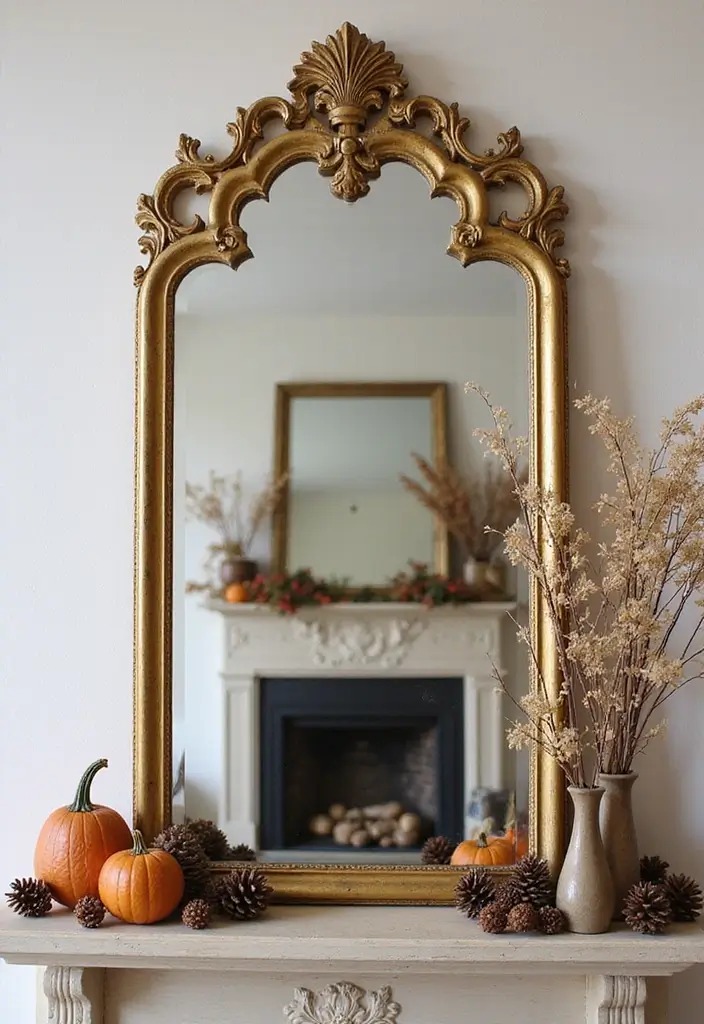 30+ Fall Mantel Decor with Mirror Ideas for a Warm Autumn Feel 1 30+ Fall Mantel Decor with Mirror Ideas for a Warm Autumn Feel - 1. Vintage Gold Mirror with Dried Flowers