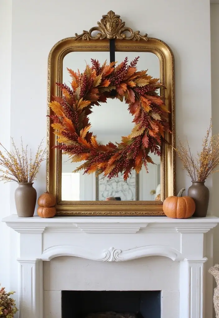 30+ Fall Mantel Decor with Mirror Ideas for a Warm Autumn Feel 10 30+ Fall Mantel Decor with Mirror Ideas for a Warm Autumn Feel - 10. Seasonal Wreath and Mirror Display