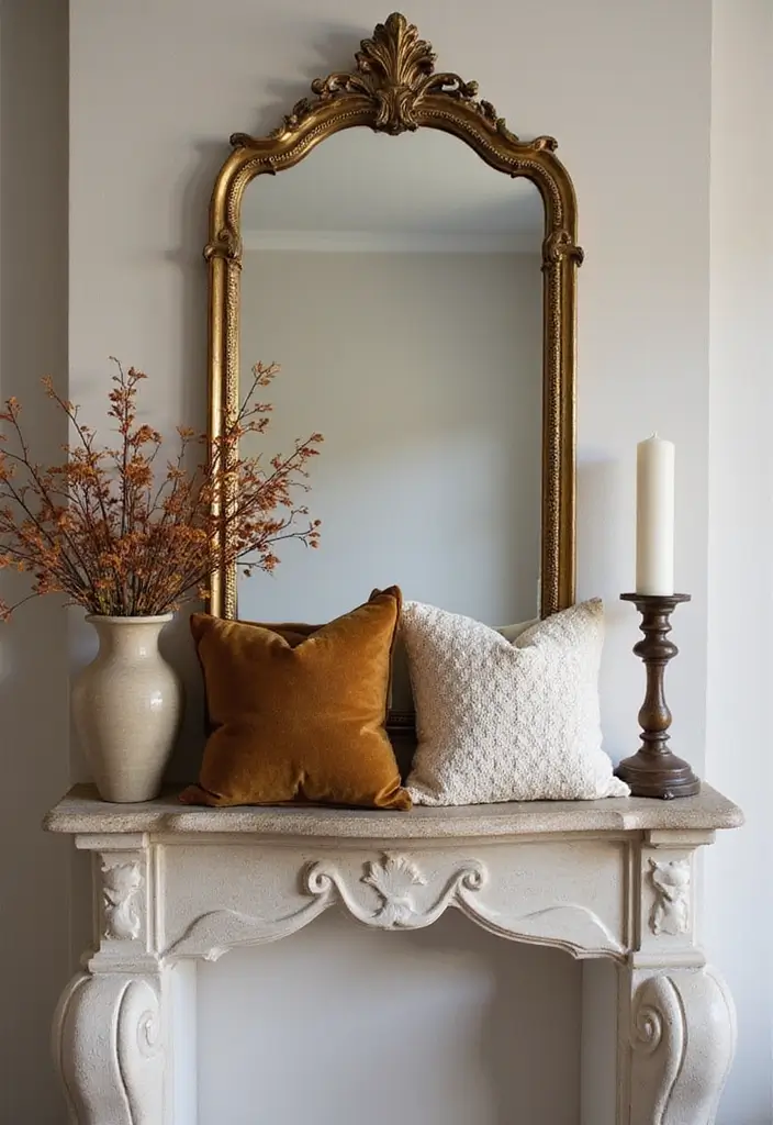 30+ Fall Mantel Decor with Mirror Ideas for a Warm Autumn Feel 11 30+ Fall Mantel Decor with Mirror Ideas for a Warm Autumn Feel - 11. Textured Fabrics with Gold Accents