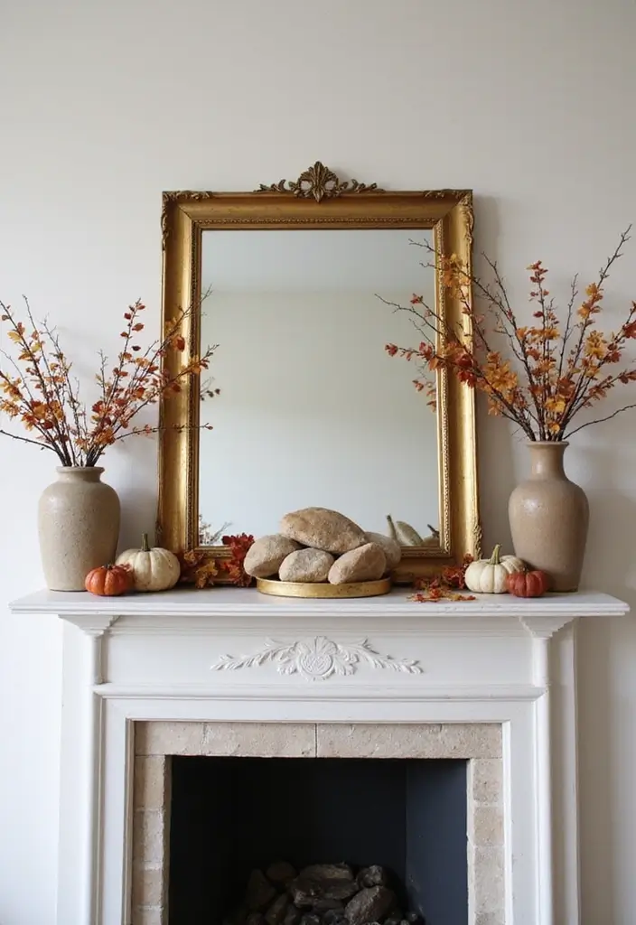 30+ Fall Mantel Decor with Mirror Ideas for a Warm Autumn Feel 12 30+ Fall Mantel Decor with Mirror Ideas for a Warm Autumn Feel - 12. Nature-Inspired Mantel with Gold Mirror