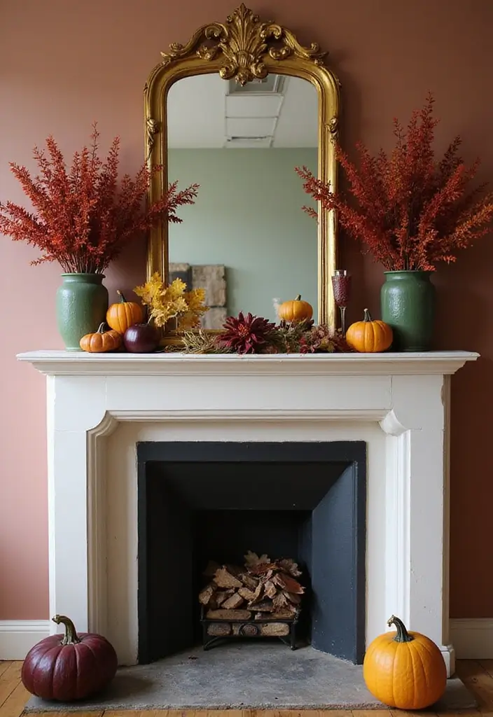 30+ Fall Mantel Decor with Mirror Ideas for a Warm Autumn Feel 13 30+ Fall Mantel Decor with Mirror Ideas for a Warm Autumn Feel - 13. Warm Hues with Gold Accents