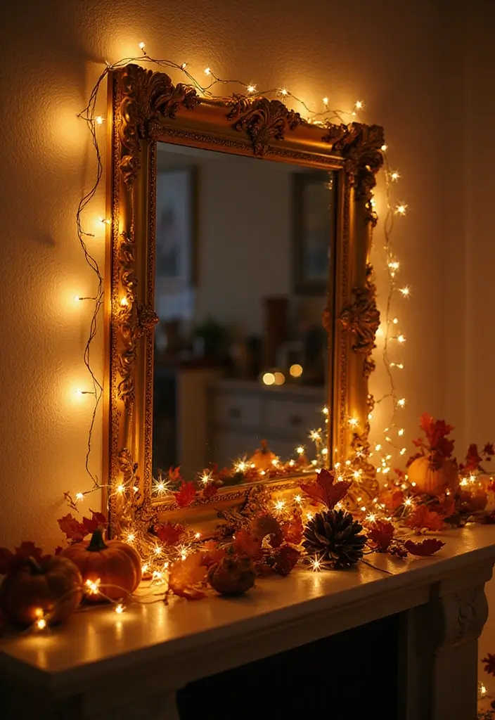 30+ Fall Mantel Decor with Mirror Ideas for a Warm Autumn Feel 14 30+ Fall Mantel Decor with Mirror Ideas for a Warm Autumn Feel - 14. Vintage Gold Mirror with Fairy Lights