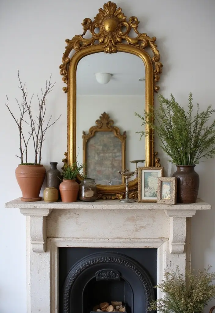 30+ Fall Mantel Decor with Mirror Ideas for a Warm Autumn Feel 15 30+ Fall Mantel Decor with Mirror Ideas for a Warm Autumn Feel - 15. Eclectic Mix of Vintage Finds