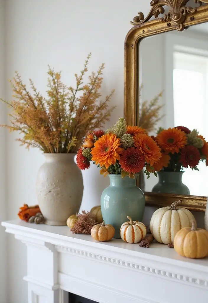 30+ Fall Mantel Decor with Mirror Ideas for a Warm Autumn Feel 16 30+ Fall Mantel Decor with Mirror Ideas for a Warm Autumn Feel - 16. Seasonal Colors with Vintage Vases