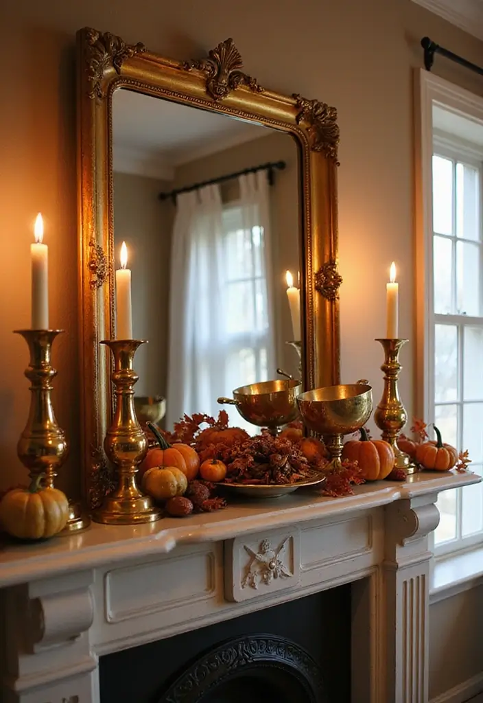 30+ Fall Mantel Decor with Mirror Ideas for a Warm Autumn Feel 17 30+ Fall Mantel Decor with Mirror Ideas for a Warm Autumn Feel - 17. Glamorous Touch with Metallics