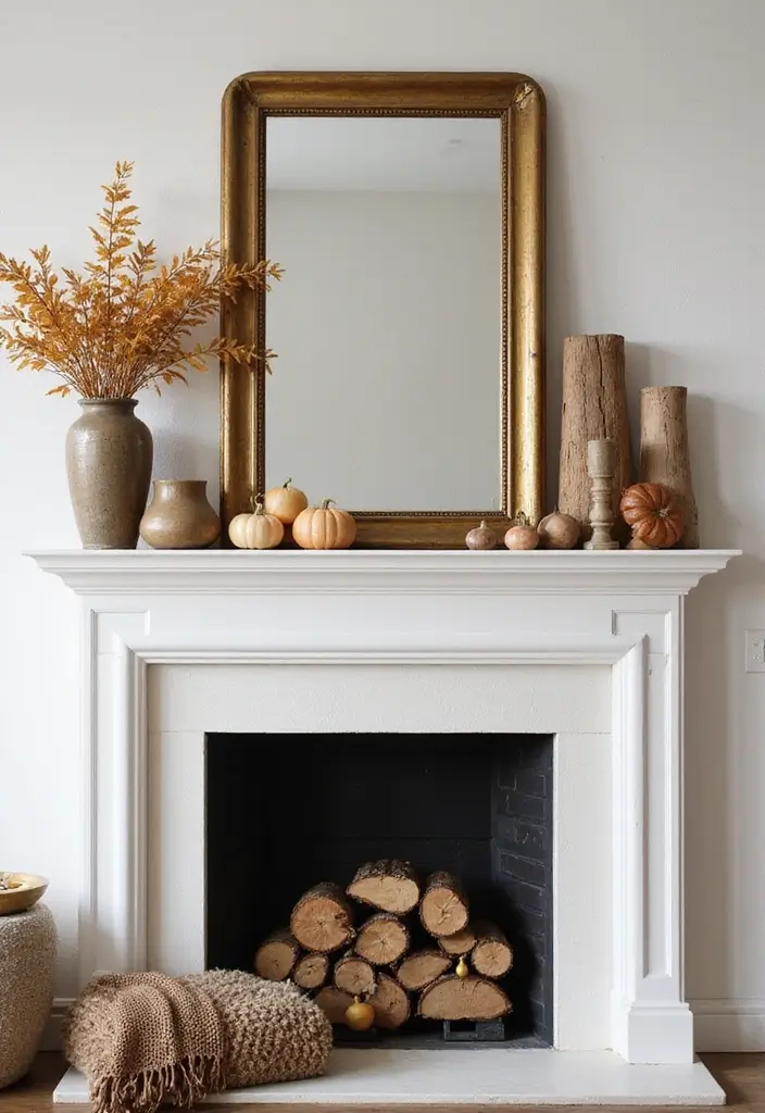 30+ Fall Mantel Decor with Mirror Ideas for a Warm Autumn Feel 18 30+ Fall Mantel Decor with Mirror Ideas for a Warm Autumn Feel - 18. Vintage Mirror with Cozy Hearth Accents