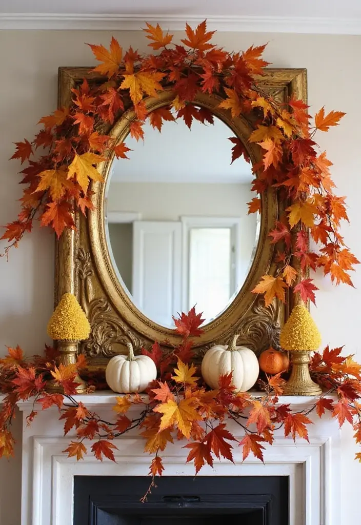 30+ Fall Mantel Decor with Mirror Ideas for a Warm Autumn Feel 19 30+ Fall Mantel Decor with Mirror Ideas for a Warm Autumn Feel - 19. Colorful Leaves and Gold Mirror