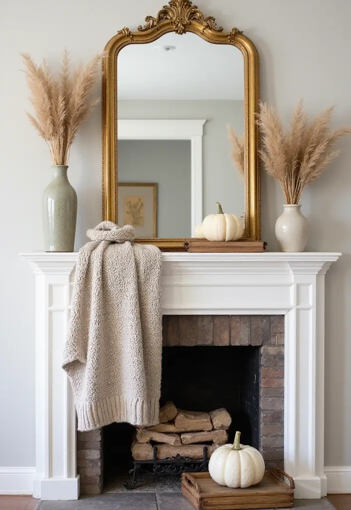 30+ Fall Mantel Decor with Mirror Ideas for a Warm Autumn Feel 2 30+ Fall Mantel Decor with Mirror Ideas for a Warm Autumn Feel - 2. Layered Textures with Throws and Mirrors