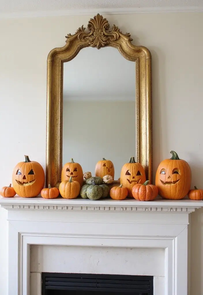 30+ Fall Mantel Decor with Mirror Ideas for a Warm Autumn Feel 20 30+ Fall Mantel Decor with Mirror Ideas for a Warm Autumn Feel - 20. Playful Pumpkins Around the Mirror