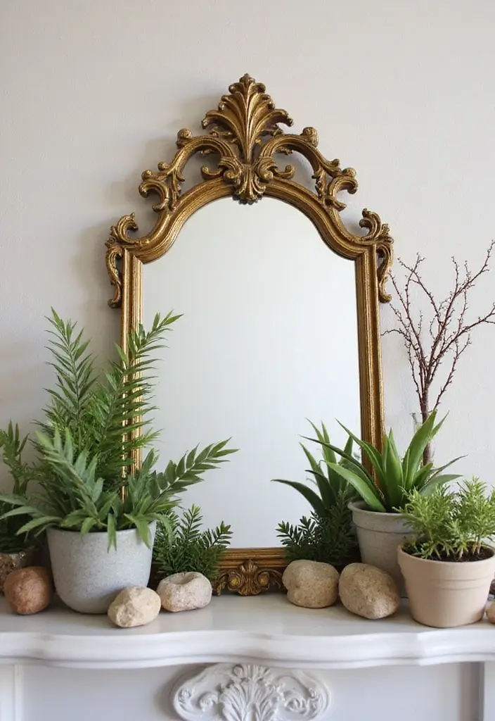 30+ Fall Mantel Decor with Mirror Ideas for a Warm Autumn Feel 21 30+ Fall Mantel Decor with Mirror Ideas for a Warm Autumn Feel - 21. Whimsical Fairy Garden with Gold Mirror