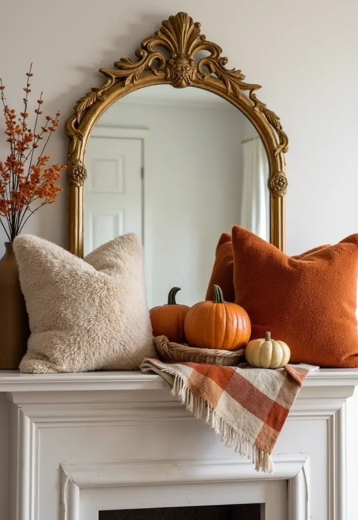 30+ Fall Mantel Decor with Mirror Ideas for a Warm Autumn Feel 22 30+ Fall Mantel Decor with Mirror Ideas for a Warm Autumn Feel - 22. Vintage Mirror with Cozy Pillows