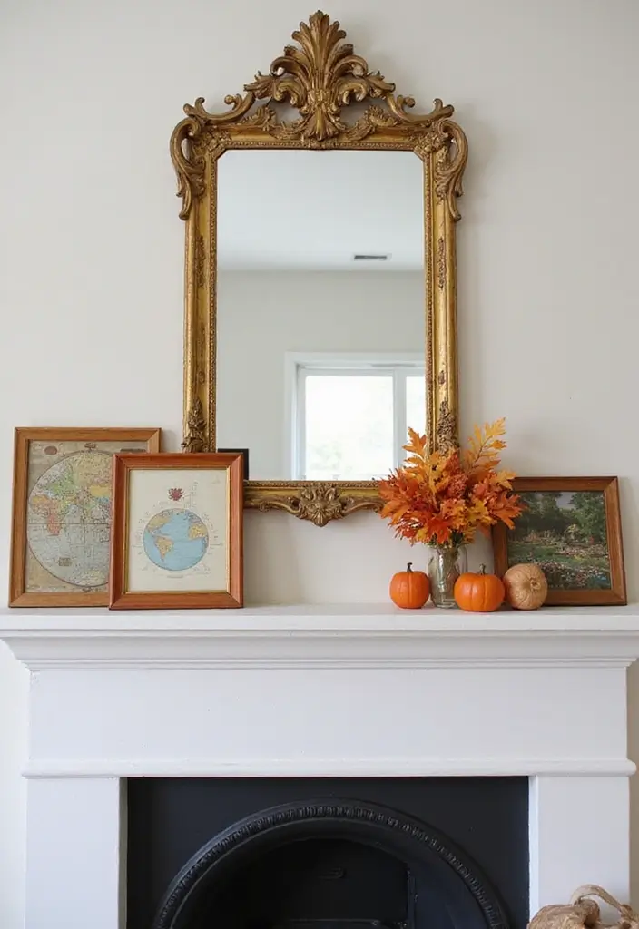 30+ Fall Mantel Decor with Mirror Ideas for a Warm Autumn Feel 23 30+ Fall Mantel Decor with Mirror Ideas for a Warm Autumn Feel - 23. Vintage Gold Mirror with Cozy Travel Accents