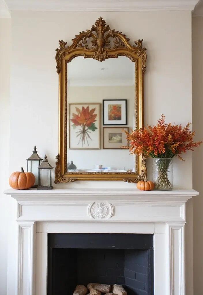 30+ Fall Mantel Decor with Mirror Ideas for a Warm Autumn Feel 25 30+ Fall Mantel Decor with Mirror Ideas for a Warm Autumn Feel - 25. Vintage Mirror with Seasonal Wall Art