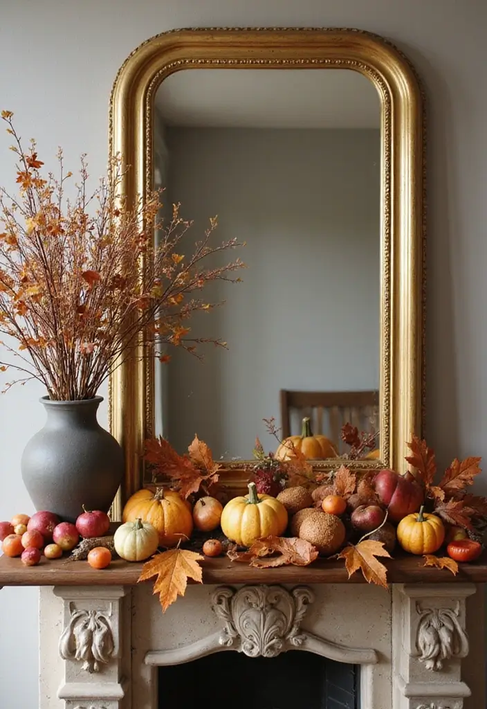 30+ Fall Mantel Decor with Mirror Ideas for a Warm Autumn Feel 26 30+ Fall Mantel Decor with Mirror Ideas for a Warm Autumn Feel - 26. Reflecting Nature's Bounty