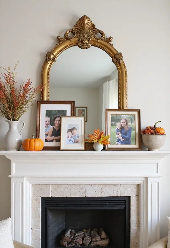 30+ Fall Mantel Decor with Mirror Ideas for a Warm Autumn Feel 27 30+ Fall Mantel Decor with Mirror Ideas for a Warm Autumn Feel - 27. Personal Touch with Family Photos