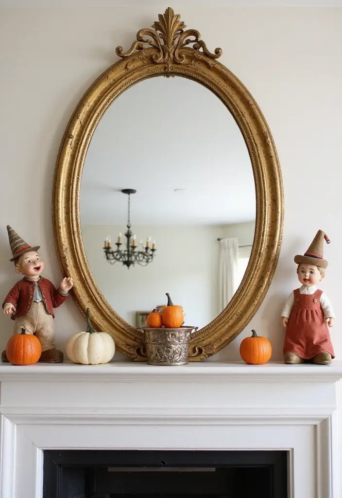 30+ Fall Mantel Decor with Mirror Ideas for a Warm Autumn Feel 28 30+ Fall Mantel Decor with Mirror Ideas for a Warm Autumn Feel - 28. Vintage Gold Mirror with a Touch of Whimsy