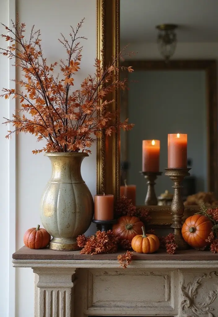30+ Fall Mantel Decor with Mirror Ideas for a Warm Autumn Feel 29 30+ Fall Mantel Decor with Mirror Ideas for a Warm Autumn Feel - 29. Vintage Gold Mirror with Classic Autumn Accents