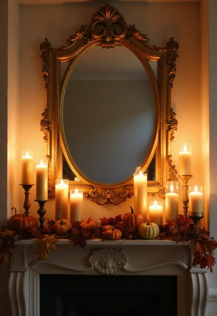 30+ Fall Mantel Decor with Mirror Ideas for a Warm Autumn Feel 3 30+ Fall Mantel Decor with Mirror Ideas for a Warm Autumn Feel - 3. Candlelit Ambiance with Golden Accents