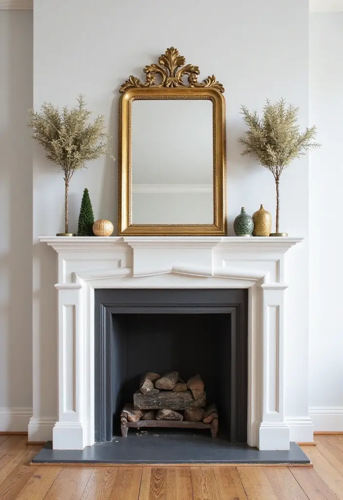 30+ Fall Mantel Decor with Mirror Ideas for a Warm Autumn Feel 30 30+ Fall Mantel Decor with Mirror Ideas for a Warm Autumn Feel - 30. Vintage Gold Mirror as a Statement Piece