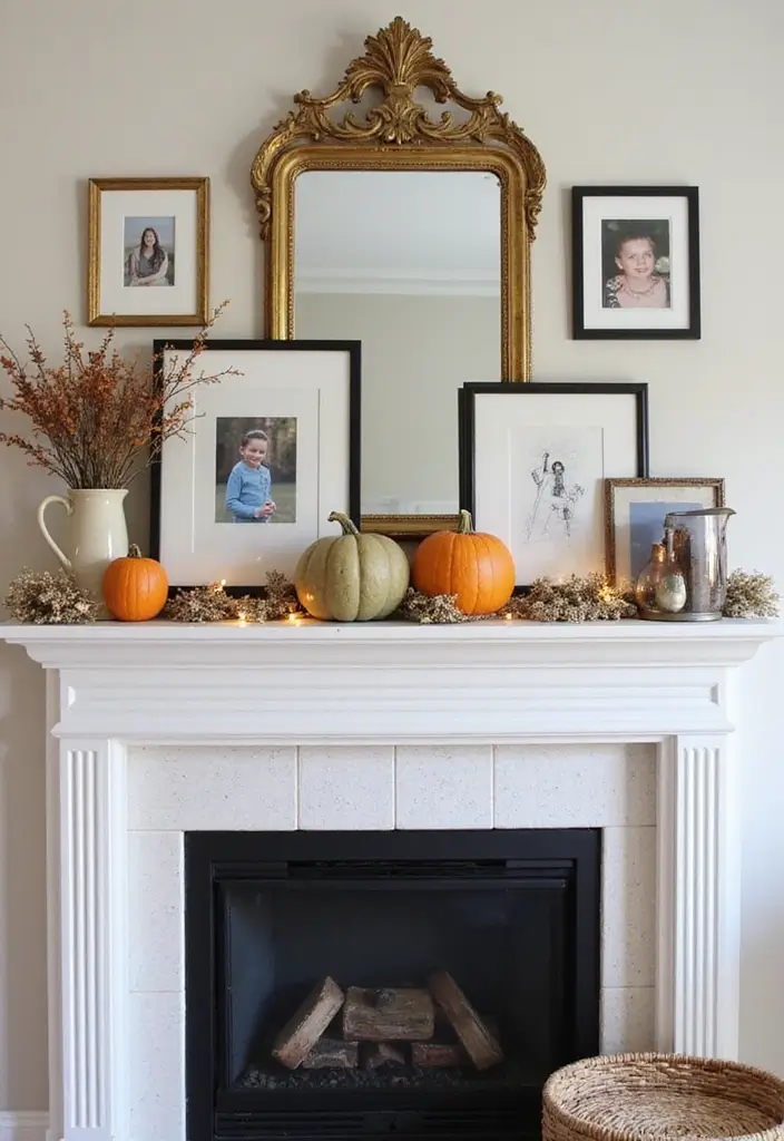 30+ Fall Mantel Decor with Mirror Ideas for a Warm Autumn Feel 4 30+ Fall Mantel Decor with Mirror Ideas for a Warm Autumn Feel - 4. Vintage Frames and Mirrors Collage