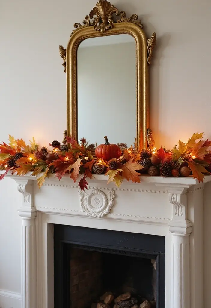30+ Fall Mantel Decor with Mirror Ideas for a Warm Autumn Feel 5 30+ Fall Mantel Decor with Mirror Ideas for a Warm Autumn Feel - 5. Festive Garland with a Mirror Touch