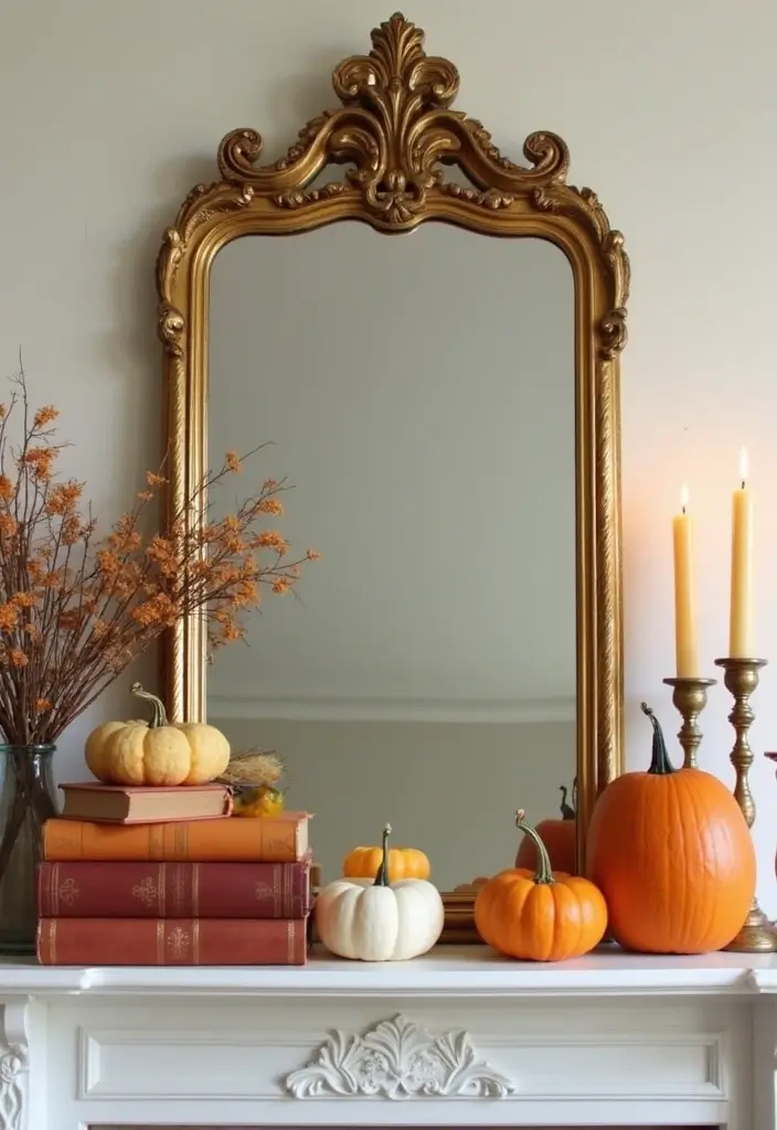 30+ Fall Mantel Decor with Mirror Ideas for a Warm Autumn Feel 6 30+ Fall Mantel Decor with Mirror Ideas for a Warm Autumn Feel - 6. Cozy Seasonal Bookshelf Mantel