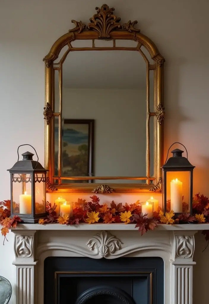 30+ Fall Mantel Decor with Mirror Ideas for a Warm Autumn Feel 7 30+ Fall Mantel Decor with Mirror Ideas for a Warm Autumn Feel - 7. Rustic Lanterns and Mirrors Combination