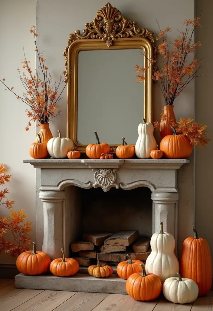 30+ Fall Mantel Decor with Mirror Ideas for a Warm Autumn Feel 8 30+ Fall Mantel Decor with Mirror Ideas for a Warm Autumn Feel - 8. Vintage Gold Mirror with Pumpkins