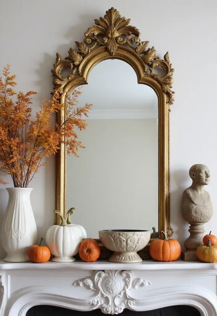30+ Fall Mantel Decor with Mirror Ideas for a Warm Autumn Feel 9 30+ Fall Mantel Decor with Mirror Ideas for a Warm Autumn Feel - 9. Vintage Gold Mirror with Artistic Displays