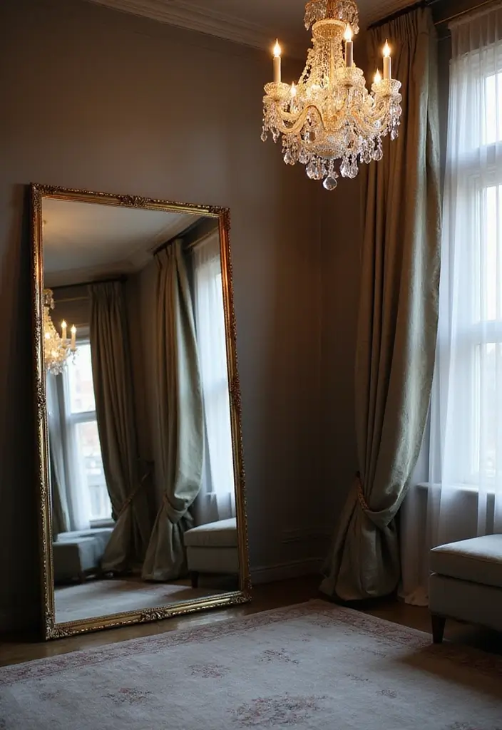 30+ Floor Mirror Decor Ideas That Add Drama and Functionality 14 30+ Floor Mirror Decor Ideas That Add Drama and Functionality - 14. Statement Lights
