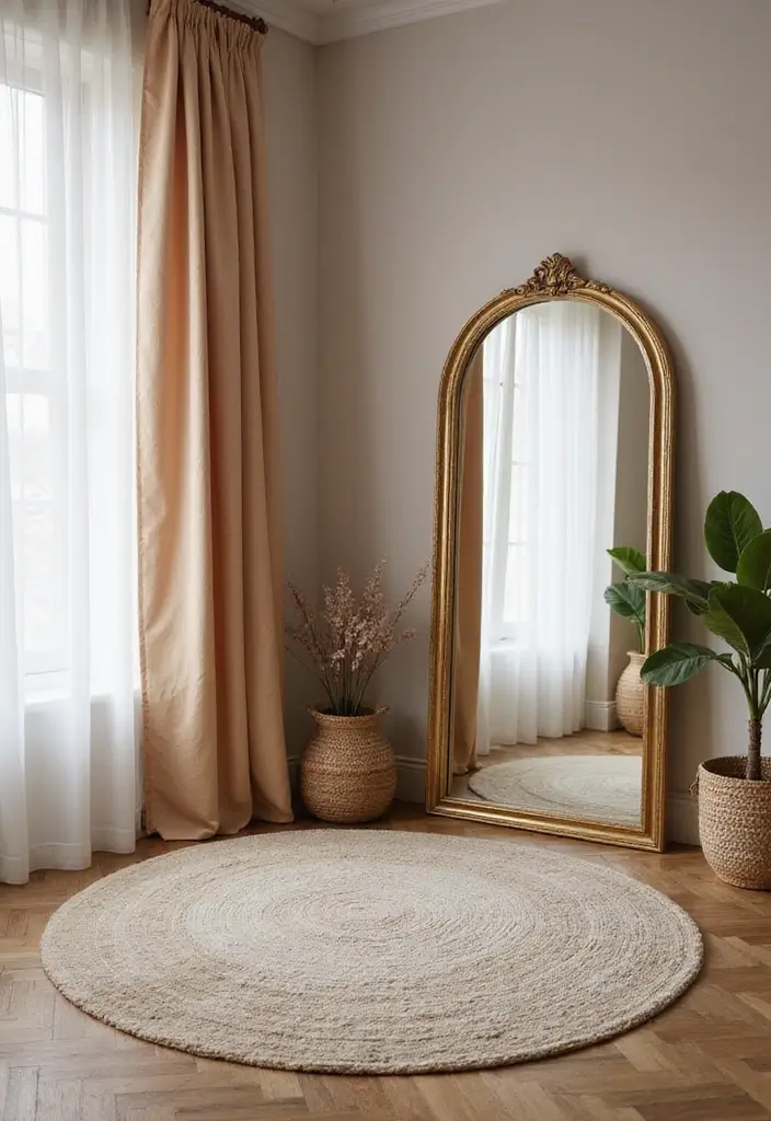 30+ Floor Mirror Decor Ideas That Add Drama and Functionality 20 30+ Floor Mirror Decor Ideas That Add Drama and Functionality - 20. Complementing Textiles