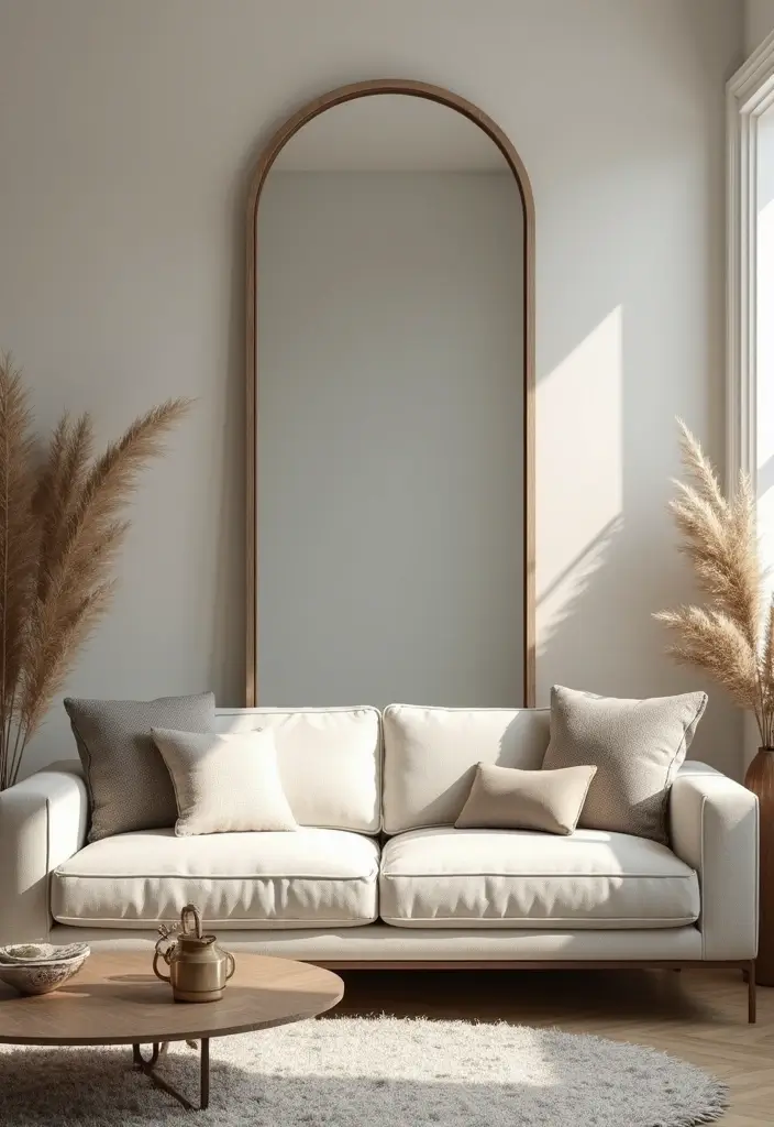 30+ Floor Mirror Decor Ideas That Add Drama and Functionality 4 30+ Floor Mirror Decor Ideas That Add Drama and Functionality - 4. Behind the Sofa