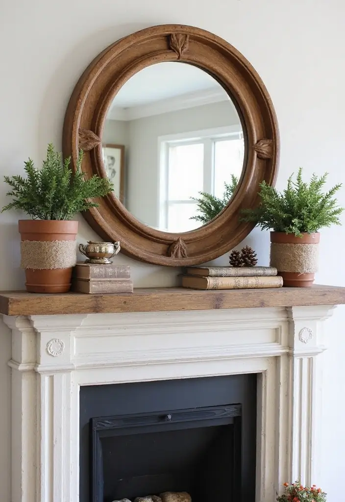 30+ Mantel Decor with Round Mirror Inspirations You’ll Absolutely Love 1 30+ Mantel Decor with Round Mirror Inspirations You’ll Absolutely Love - 1. Farmhouse Charm: Rustic Round Mirror
