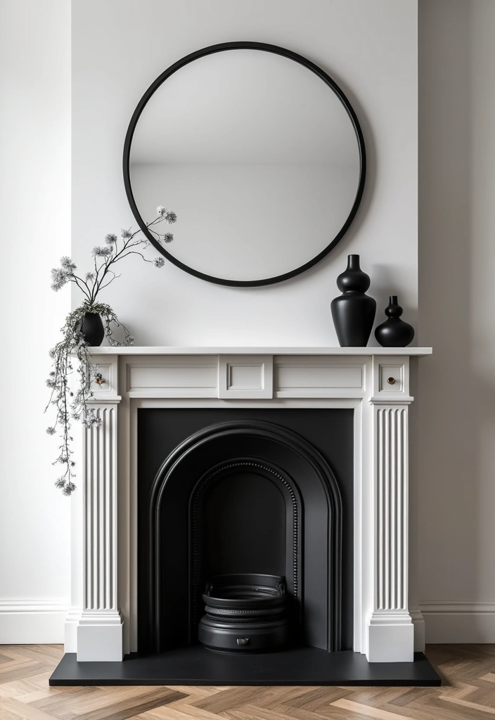 30+ Mantel Decor with Round Mirror Inspirations You’ll Absolutely Love 10 30+ Mantel Decor with Round Mirror Inspirations You’ll Absolutely Love - 10. Monochrome Magic: Black and White Decor