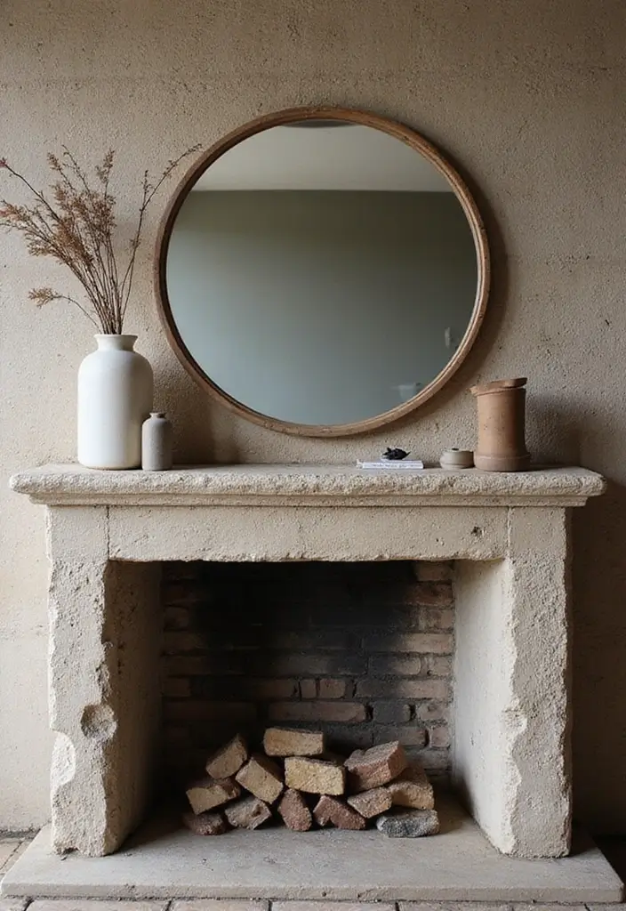 30+ Mantel Decor with Round Mirror Inspirations You’ll Absolutely Love 12 30+ Mantel Decor with Round Mirror Inspirations You’ll Absolutely Love - 12. Textured Layers: Mixing Materials with Round Mirrors