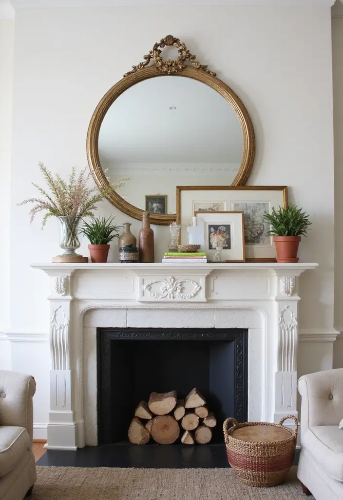 30+ Mantel Decor with Round Mirror Inspirations You’ll Absolutely Love 13 30+ Mantel Decor with Round Mirror Inspirations You’ll Absolutely Love - 13. Eclectic Mix: Diverse Styles with Round Mirrors