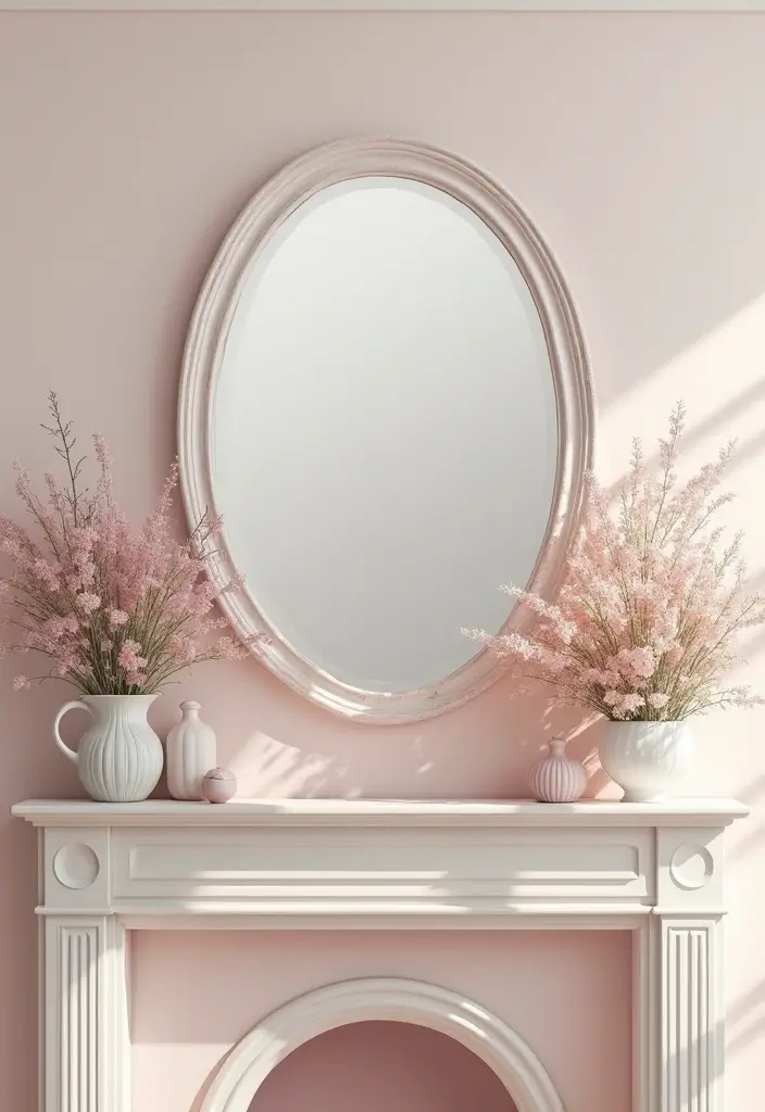 30+ Mantel Decor with Round Mirror Inspirations You’ll Absolutely Love 14 30+ Mantel Decor with Round Mirror Inspirations You’ll Absolutely Love - 14. Romantic Touch: Soft Pastels and Round Mirrors