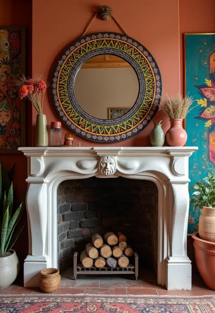 30+ Mantel Decor with Round Mirror Inspirations You’ll Absolutely Love 19 30+ Mantel Decor with Round Mirror Inspirations You’ll Absolutely Love - 19. Cultural Flair: Ethnic Patterns with Mirrors