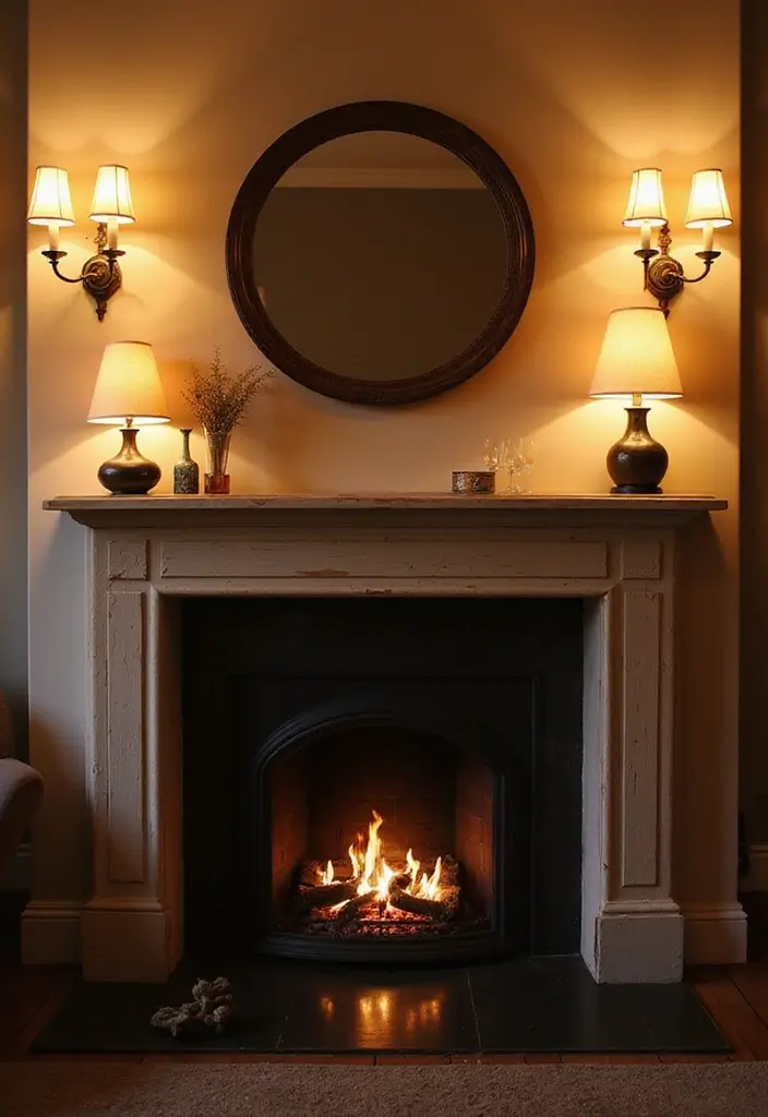 30+ Mantel Decor with Round Mirror Inspirations You’ll Absolutely Love 21 30+ Mantel Decor with Round Mirror Inspirations You’ll Absolutely Love - 21. Layered Lighting: Illuminate Your Round Mirror