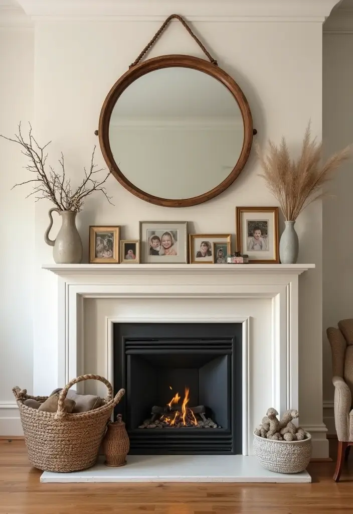 30+ Mantel Decor with Round Mirror Inspirations You’ll Absolutely Love 25 30+ Mantel Decor with Round Mirror Inspirations You’ll Absolutely Love - 25. Family Focus: Personal Touches with Round Mirrors